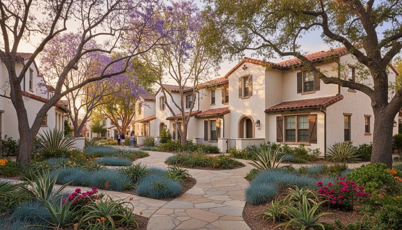 Alizia Canyon townhome exteriors in Agoura Hills CA with stucco facades and shared walkway