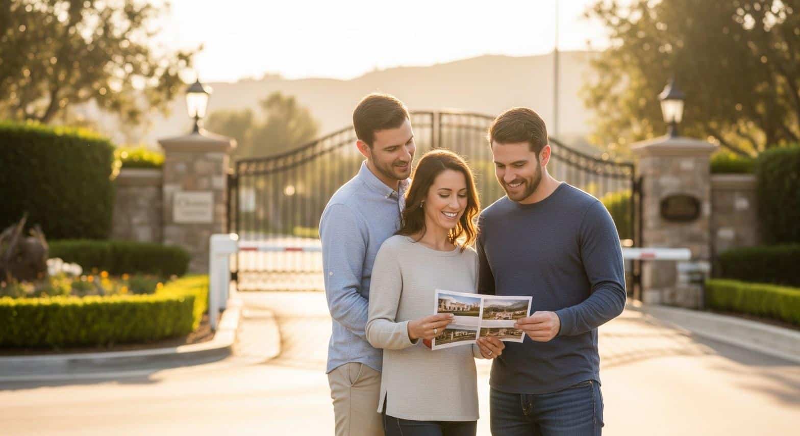 Couple reviewing home listings with a real estate agent at a gated community entrance in Calabasas, CA