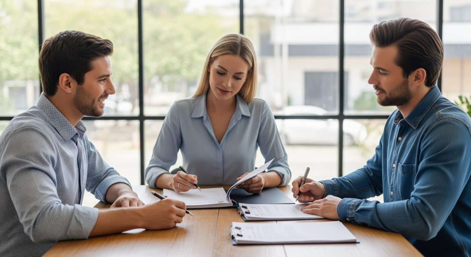 Home buyer couple signing California purchase agreement documents with a Calabasas real estate agent