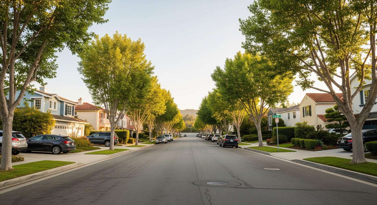 Tree-lined residential street with single-family homes in Saratoga Hills, West Hills CA