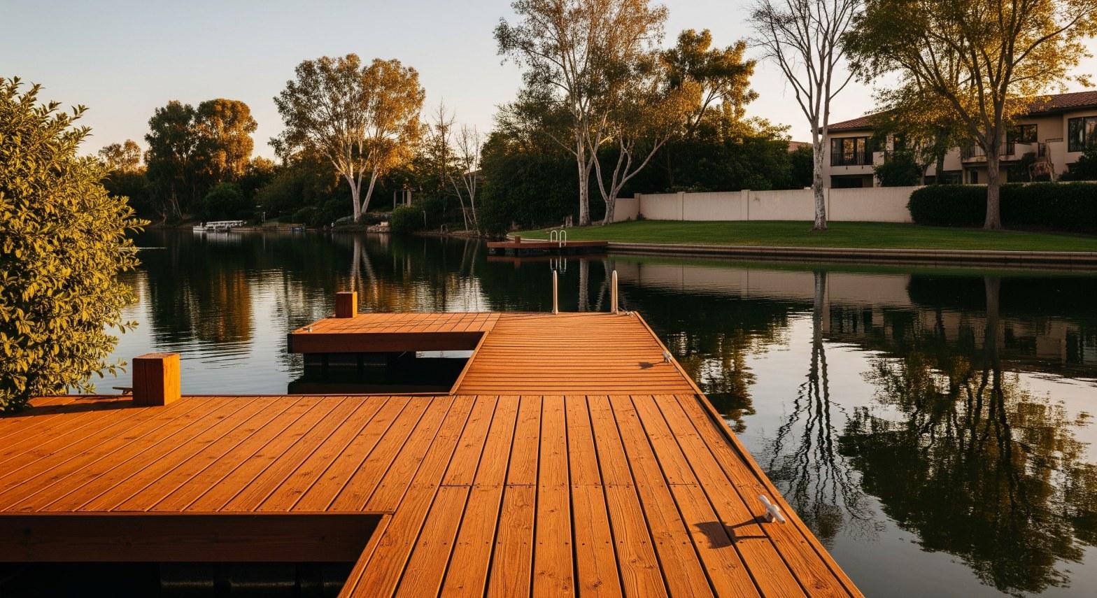 Private lakefront dock on Westlake Island in Westlake Village CA at golden hour