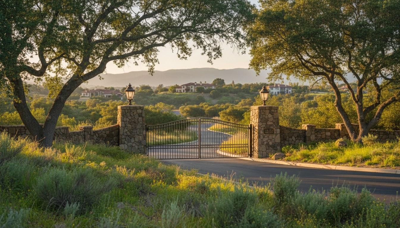 Private gated community entrance in Bell Canyon California with stone pillars and winding road