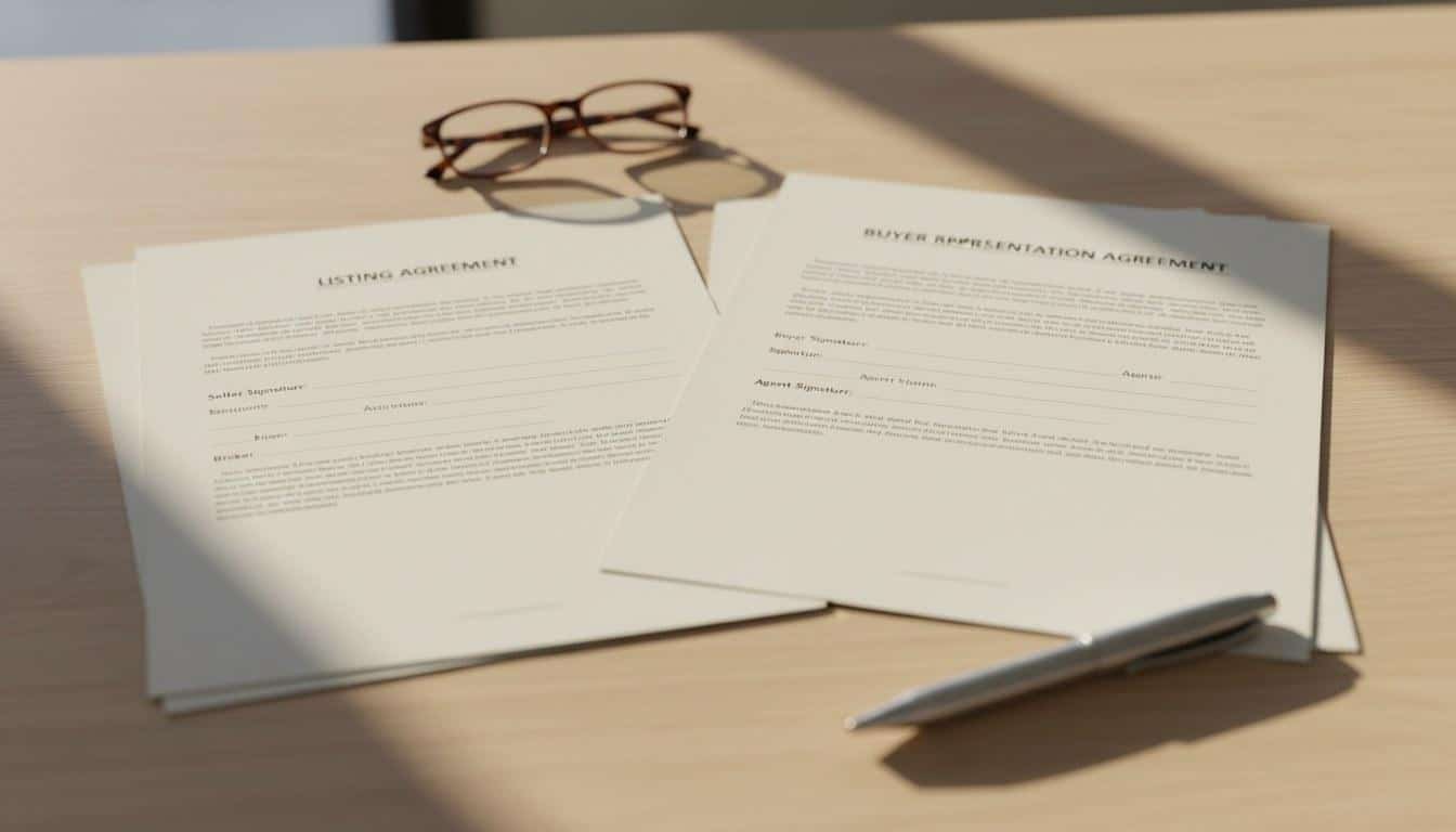 Two real estate contracts side by side showing the difference between a buyer representation agreement and a listing agreement