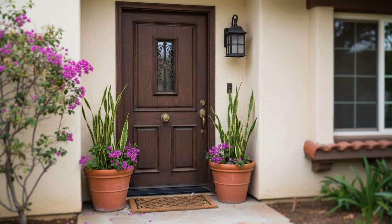 Southern California home exterior with lockbox on front door representing a property listed for sale