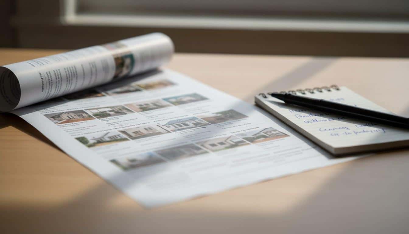 Printed home listing and buyer notes on a desk during a home search in Southern California