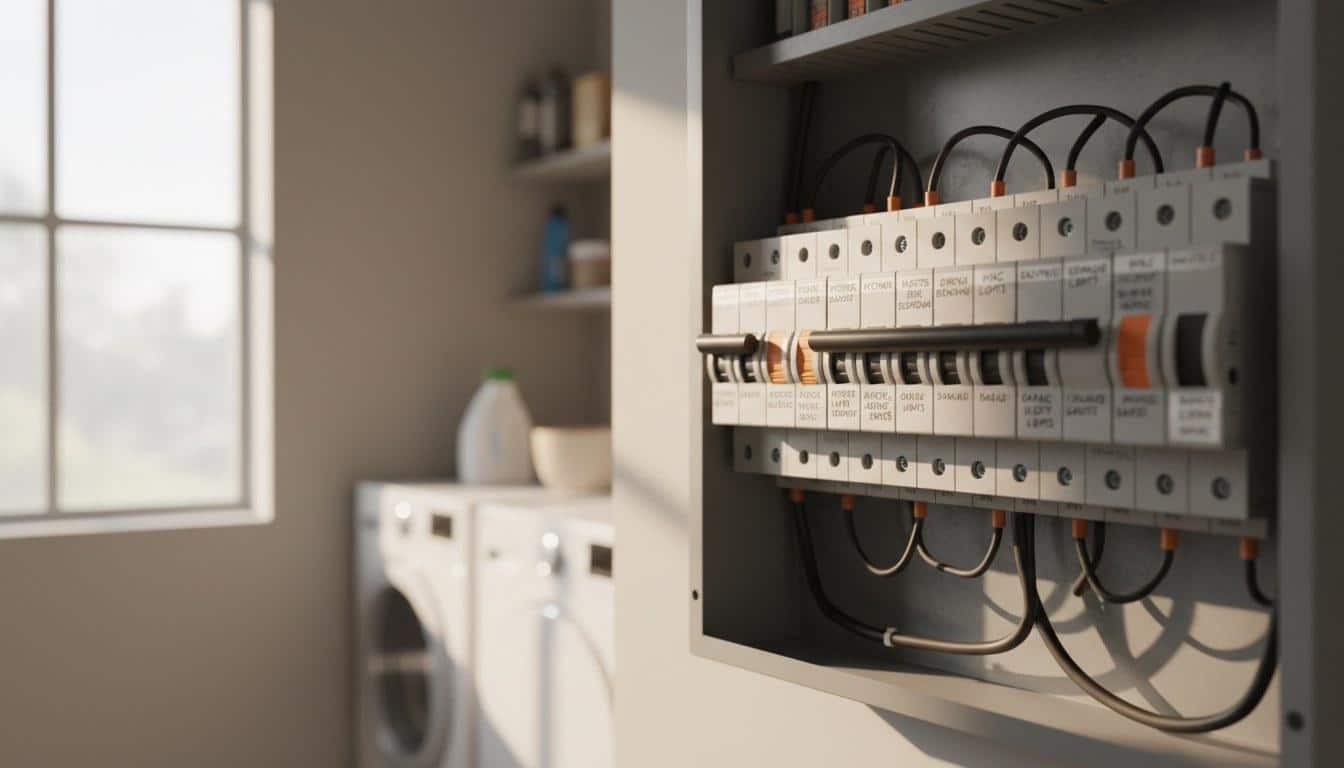 Open residential electrical panel showing circuit breakers during a home inspection in California