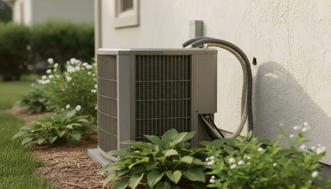 Residential HVAC condenser unit installed beside a California home exterior during inspection review