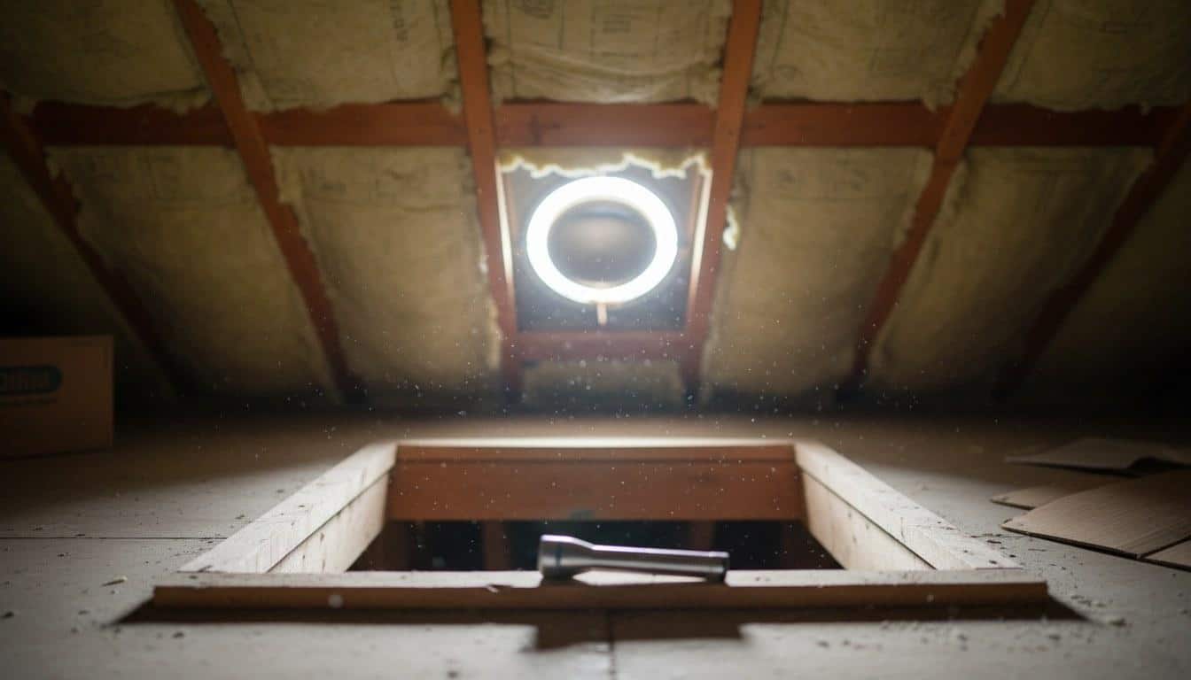 Open attic hatch with visible insulation and ventilation in a California home prepared for a seller home inspection