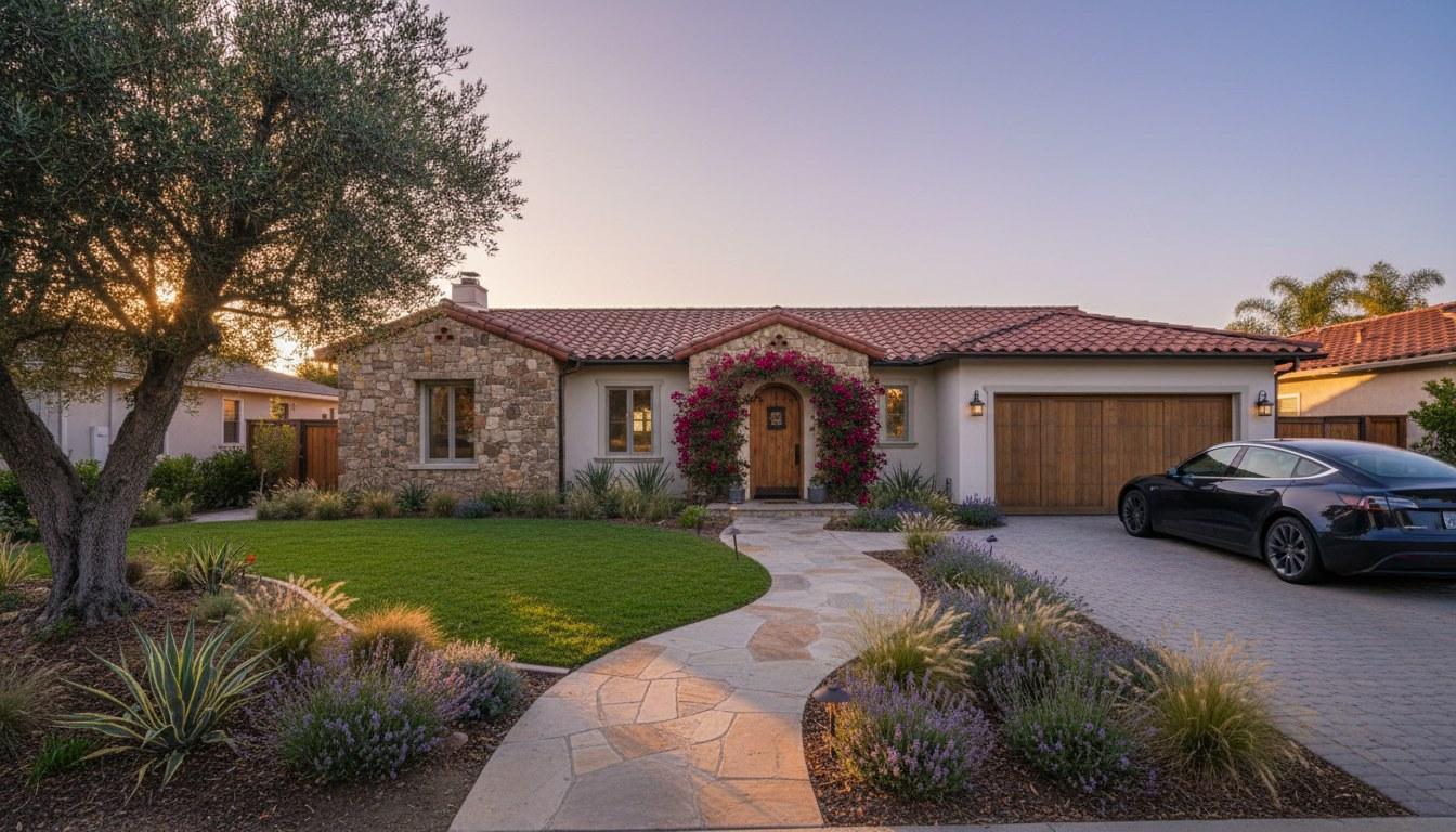 Blank for-sale sign post in front of a stucco home with green lawn and mature landscaping