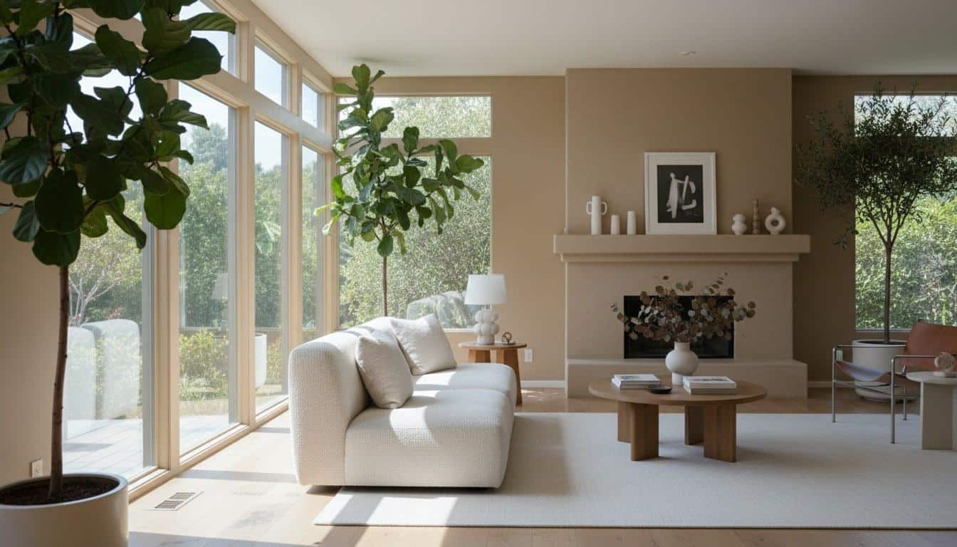Staged living room with vaulted ceilings and hillside views in a Southern California gated community home