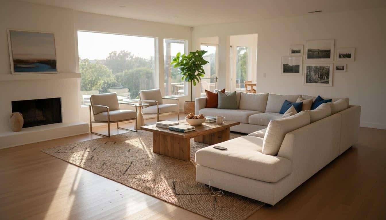 Staged living room interior prepared for home showing with neutral decor and natural light