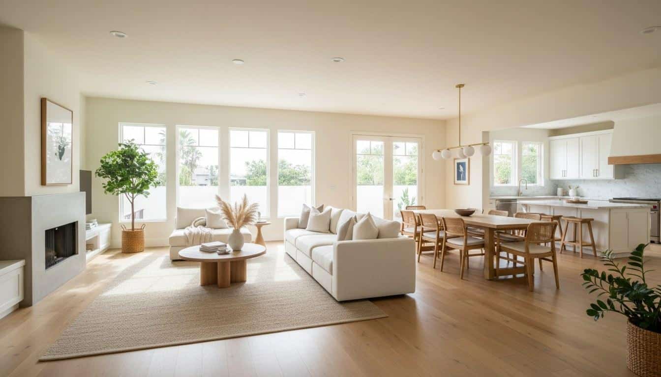 Staged interior of a California home showing bright open-plan living and dining area
