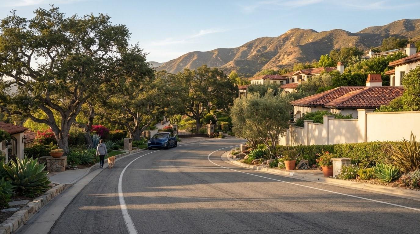 Hillside street inside a gated community in the Calabasas hills with oak trees and stucco perimeter walls