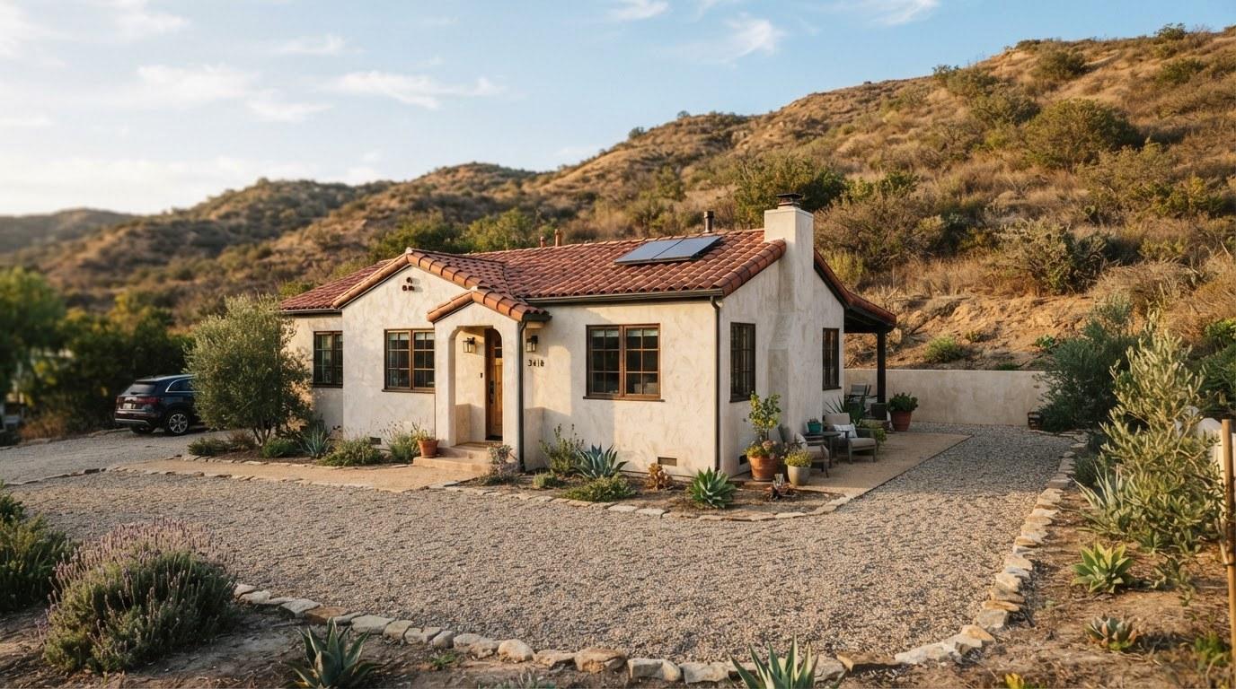 California home in a fire hazard severity zone with defensible space clearance around the property