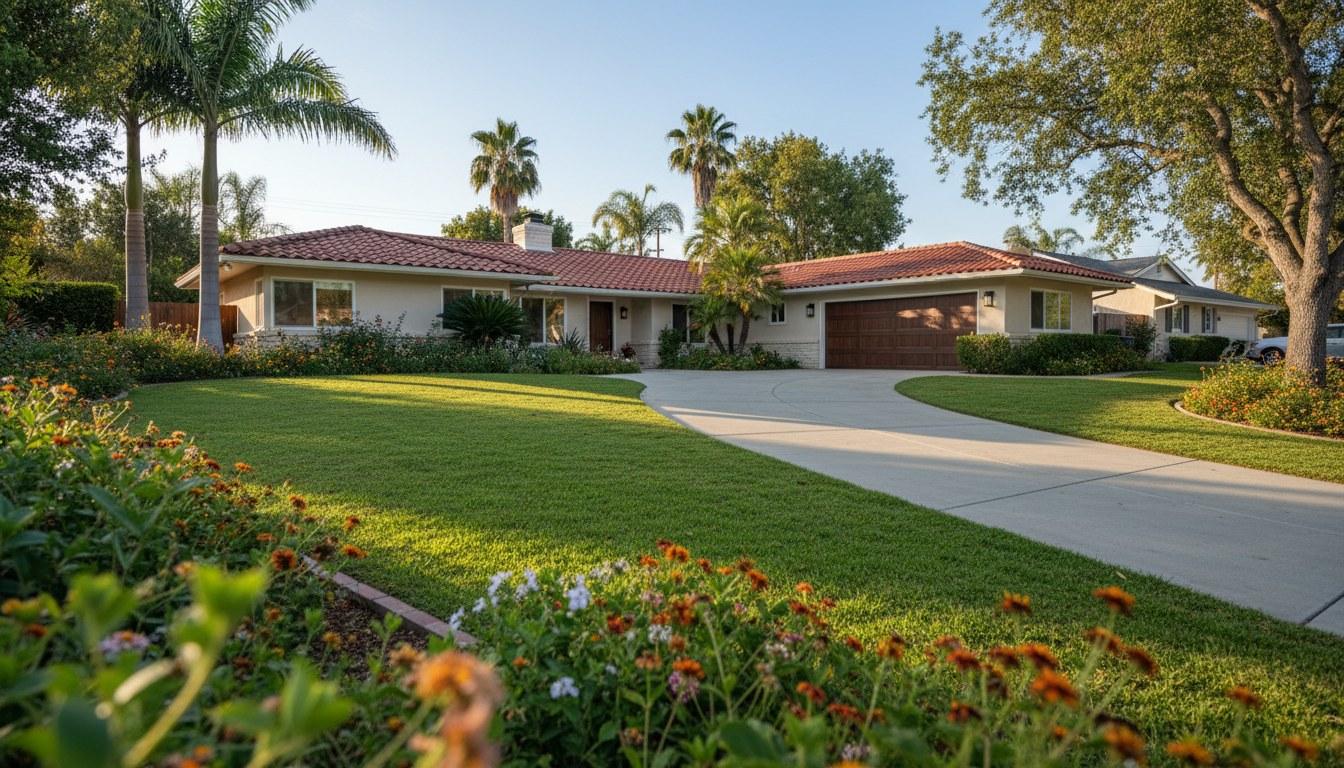 Westlake Village suburban home exterior with green lawn and mature trees on a sunny afternoon