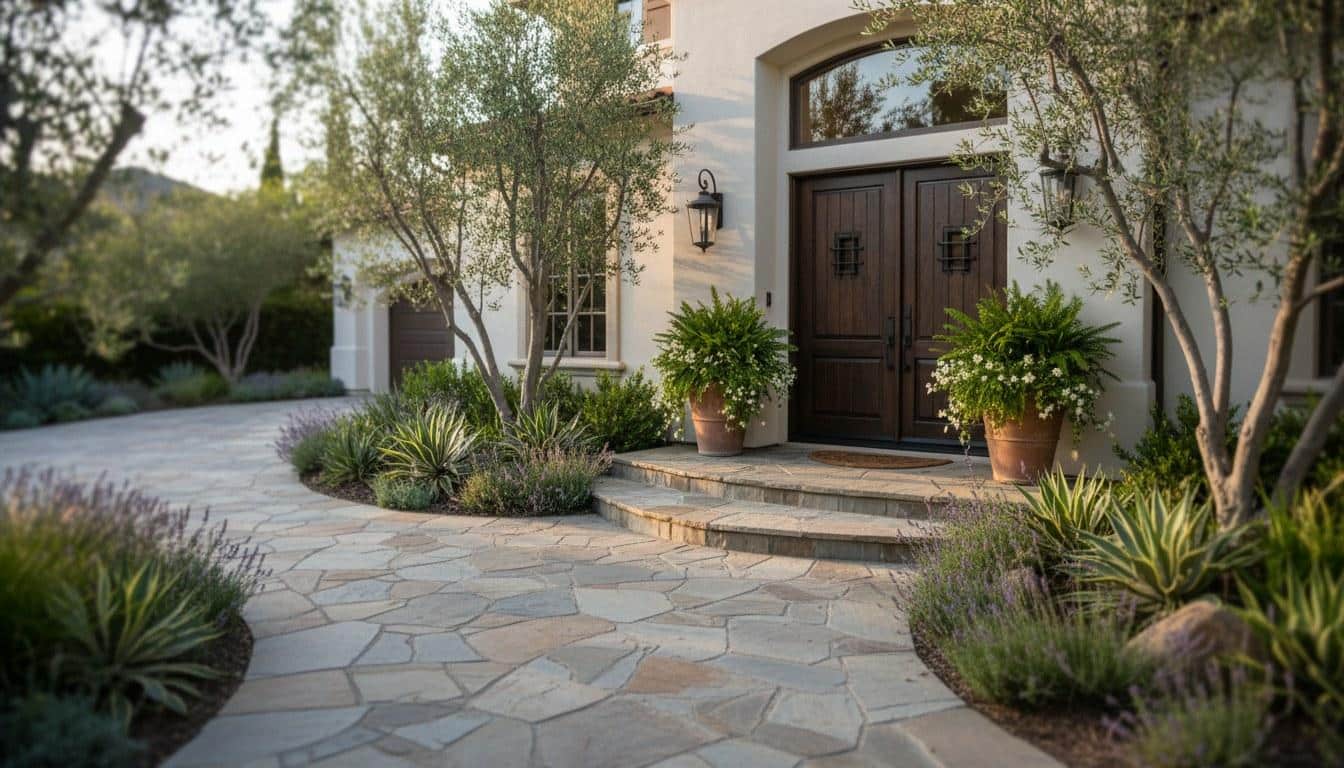 Upscale Southern California home front entrance with stone pathway and potted plants
