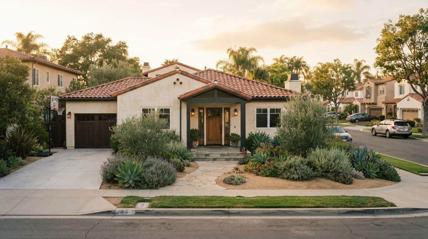 Agoura Hills area single-story home exterior with tile roof and drought-tolerant front yard landscaping