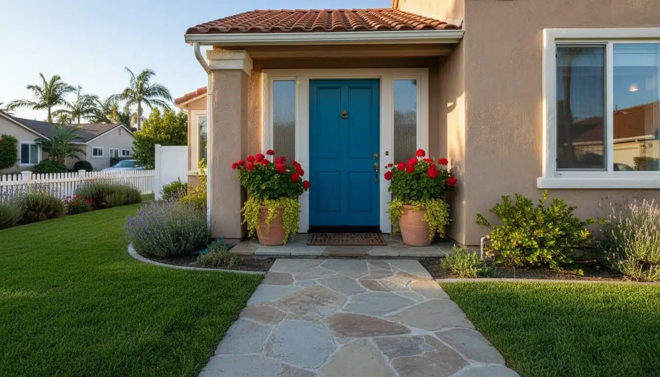 Clean California home exterior with welcoming front door representing closing day for first-time buyers