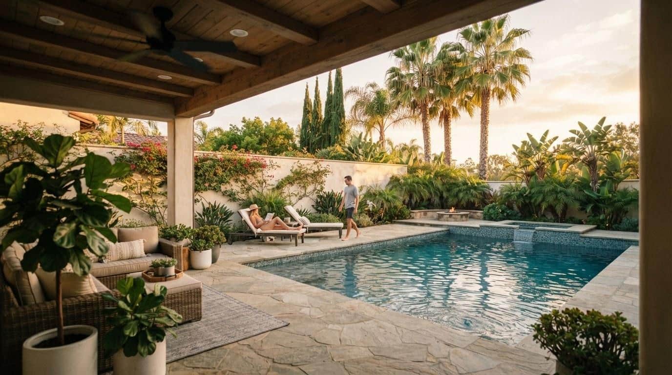 Private backyard pool and patio at a Remington Place Woodland Hills property