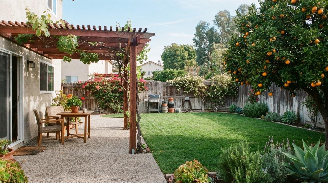 Backyard of a Remington Place Woodland Hills CA home showing lot size and outdoor space