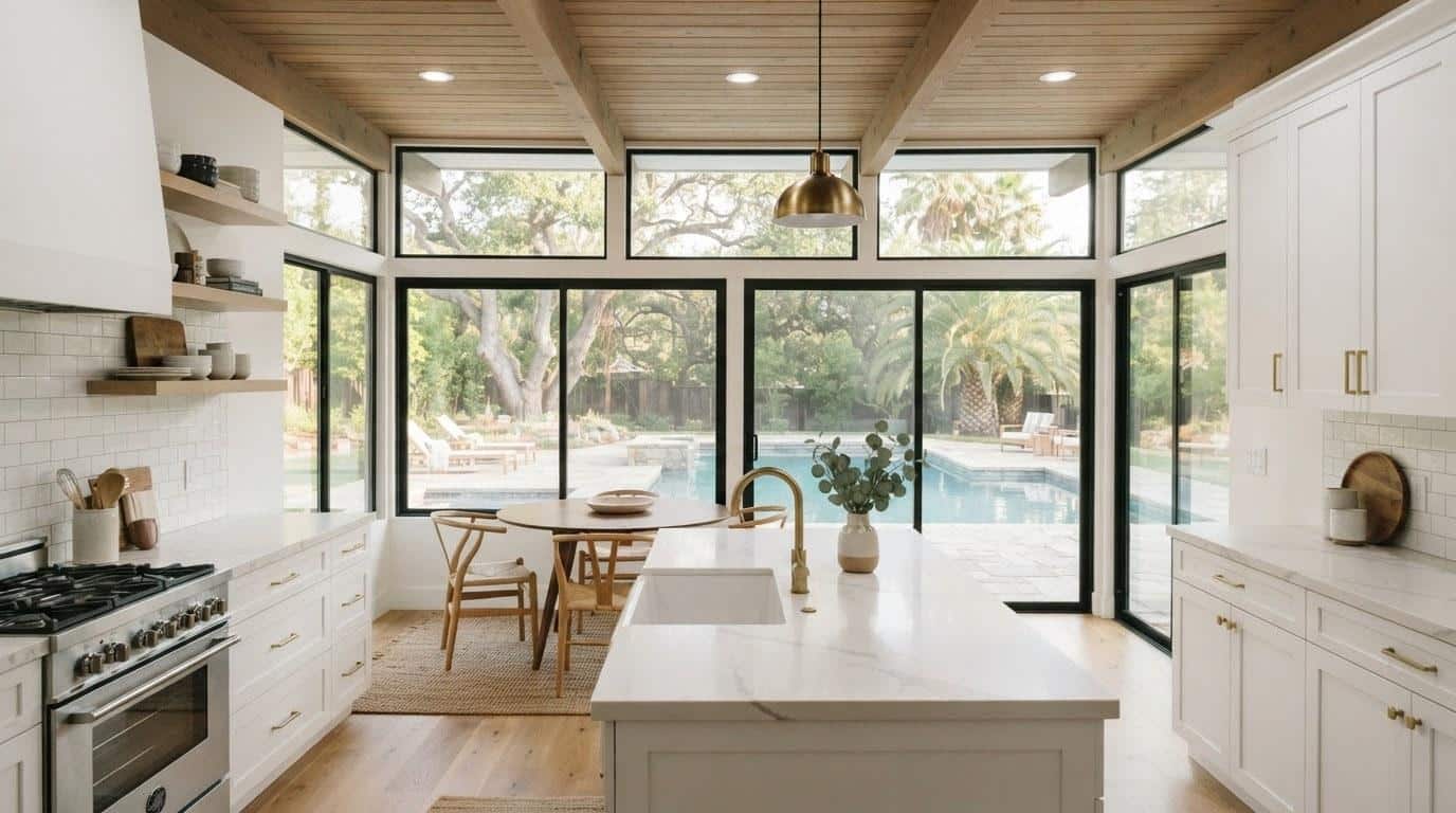 Updated kitchen interior of a Remington Place home in Woodland Hills with pool view