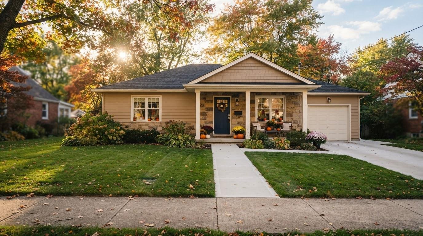 Well-maintained Southern California home exterior in fall with warm afternoon light and autumn foliage